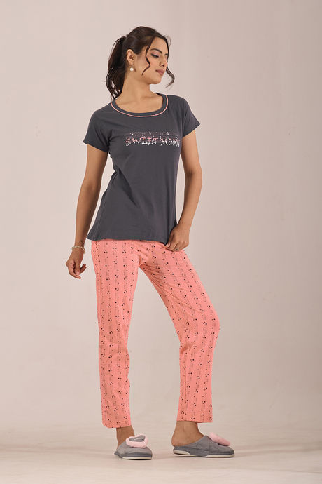 Sweet Moon Knit Cotton Pyjama Set - Peach Darkgrey — image 3